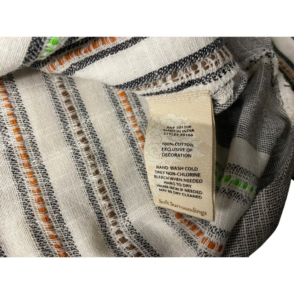 Soft Surroundings Embroidered Striped Split Neck Roll Tab Top Grey White PS - Picture 4 of 5